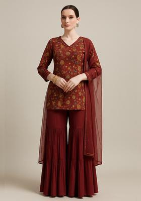 Maroon Floral Print Chiffon Sharara Set
