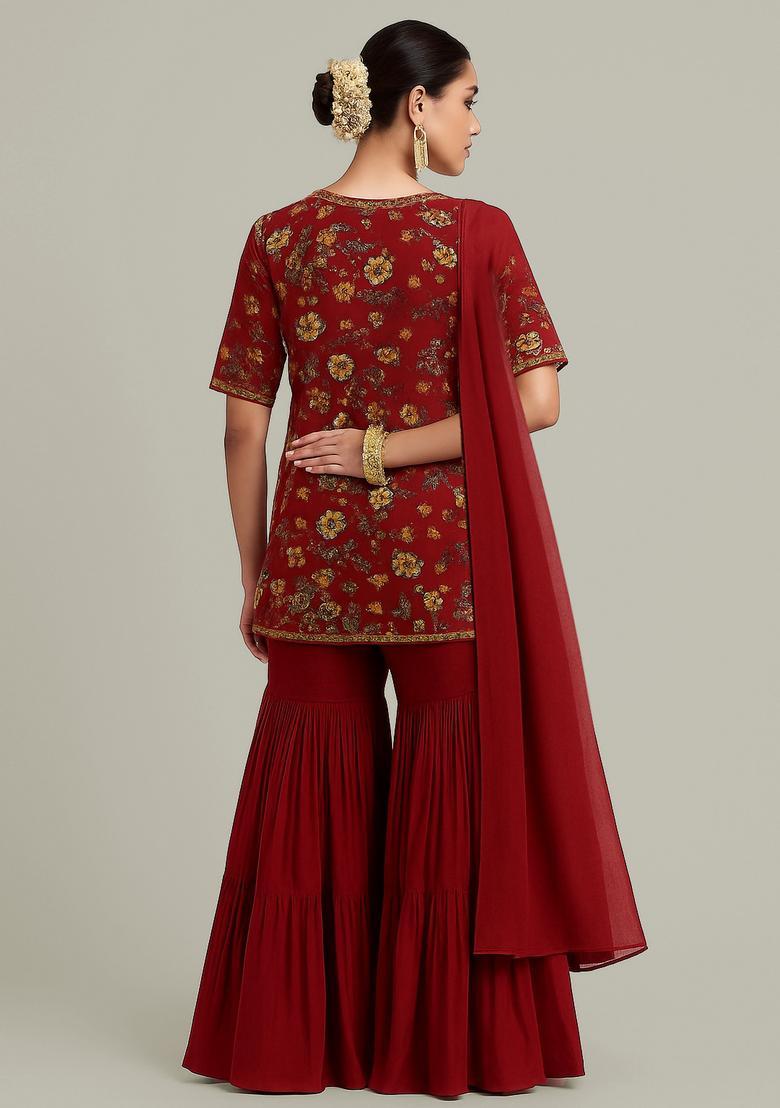 Maroon Floral Print Chiffon Sharara Set - Indya