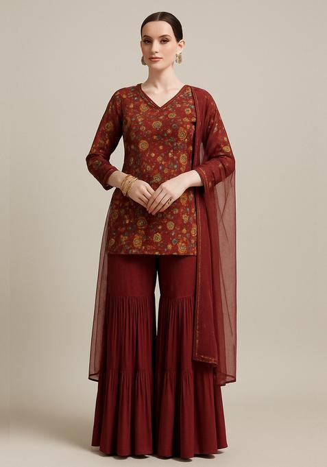 Maroon Floral Print Chiffon Sharara Set