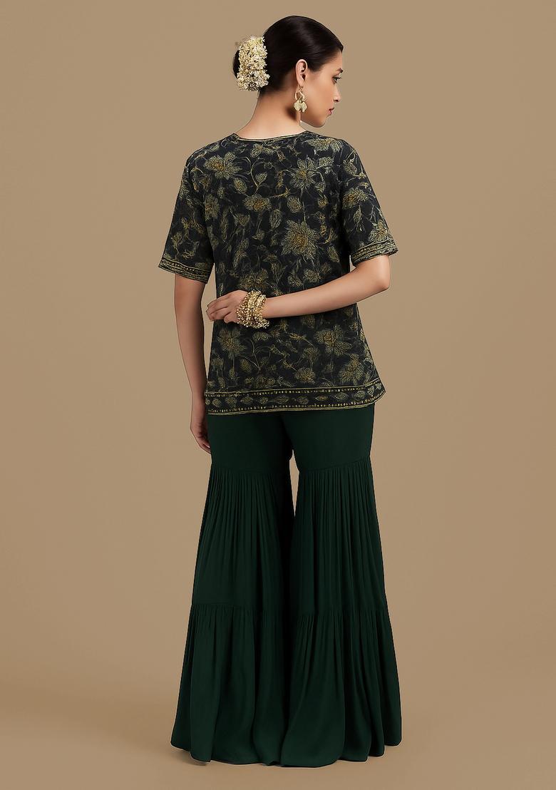 Green Floral Print Chiffon Sharara Set - Indya