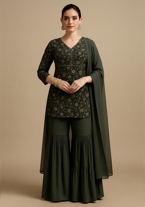 Green Floral Print Chiffon Sharara Set