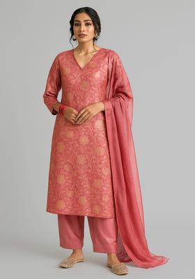 Pink Jacquard Jacquard Straight Kurta Set