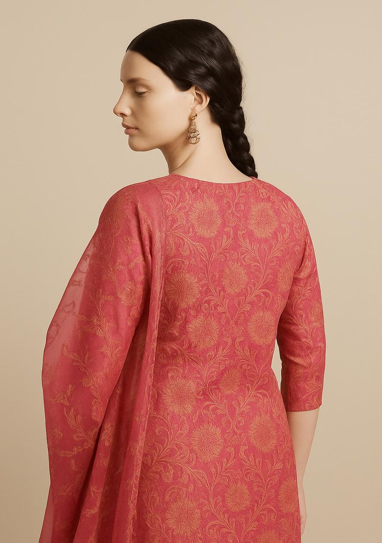 Pink Jacquard Jacquard Straight Kurta Set - Indya