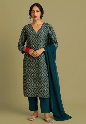 Teal Printed Jacquard Straight Kurta Set