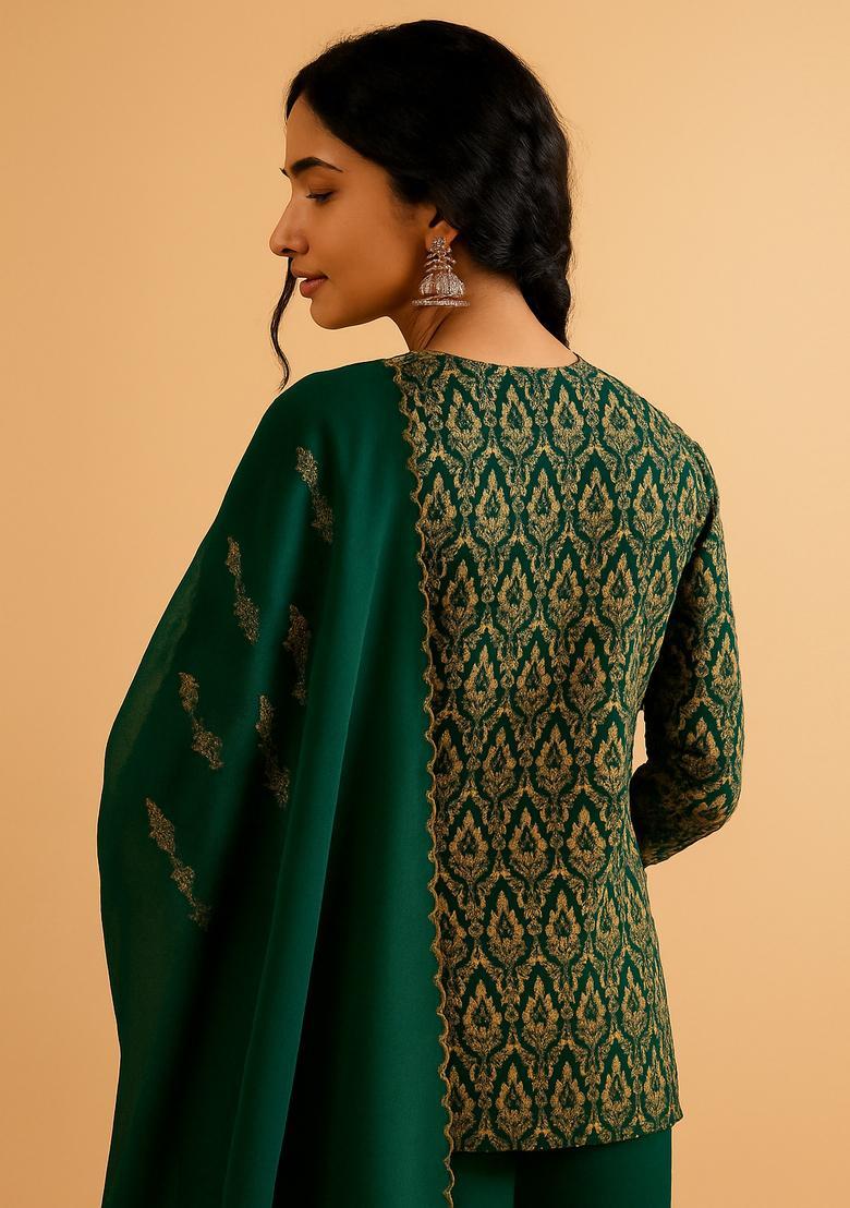 Teal Printed Jacquard Straight Kurta Set - Indya