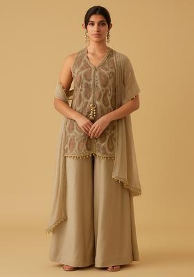 Beige Printed Tussar Sharara Set