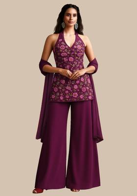 Maroon Embroidered Georgette Sharara Set