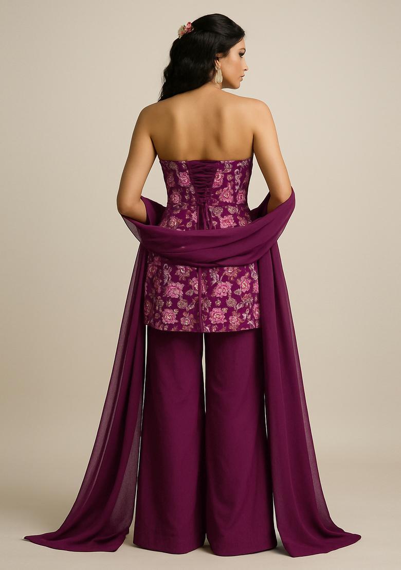 Maroon Embroidered Georgette Sharara Set - Indya