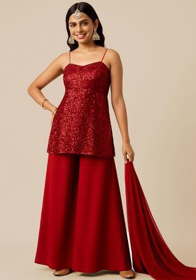 Red Sequin Work Net Sharara Set