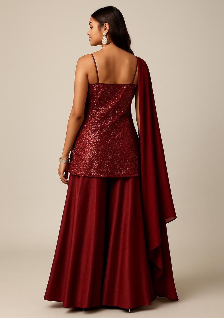 Red Sequin Work Net Sharara Set - Indya