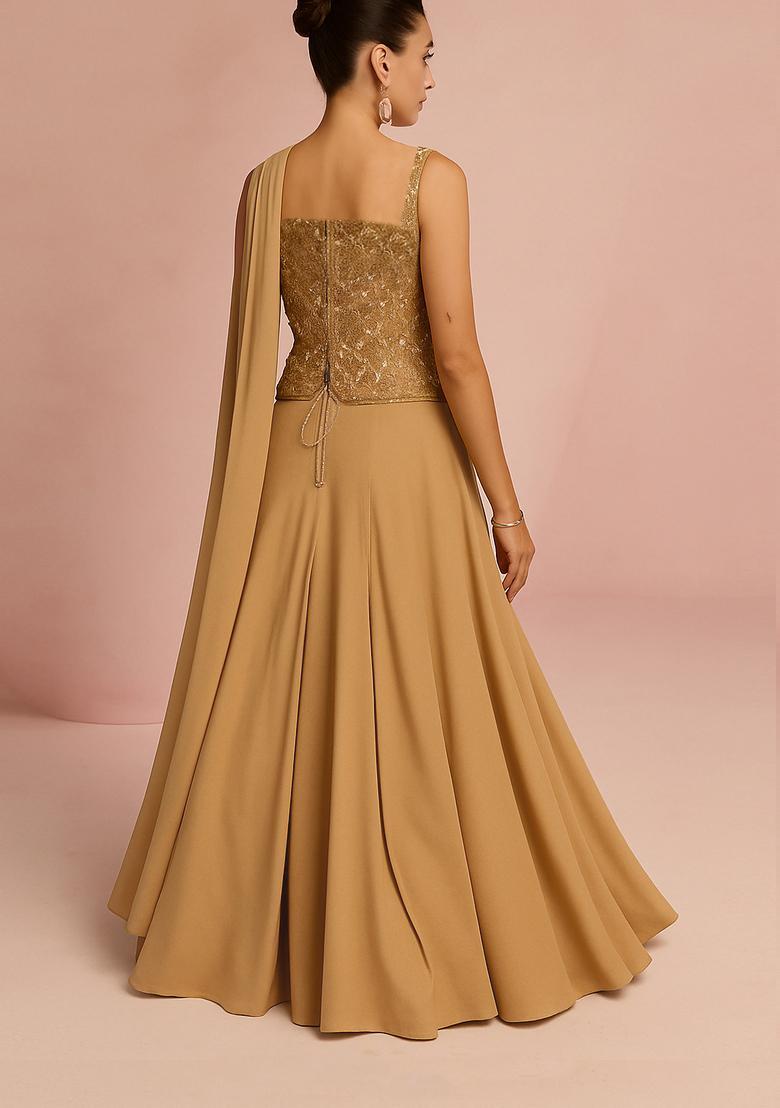 Beige Embroidered Georgette Gown - Indya