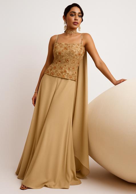 Beige Embroidered Georgette Gown