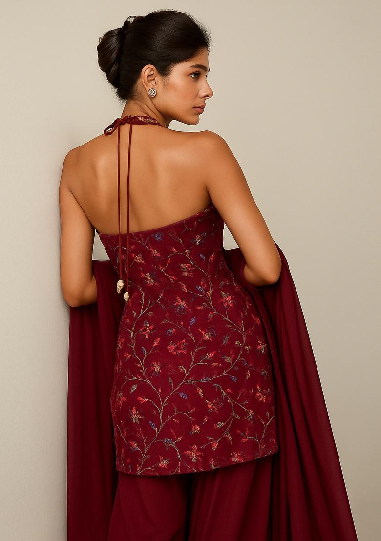 Maroon Embroidered Georgette Sharara Set - Indya