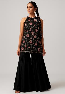 Black Embroidered Net Sharara Set