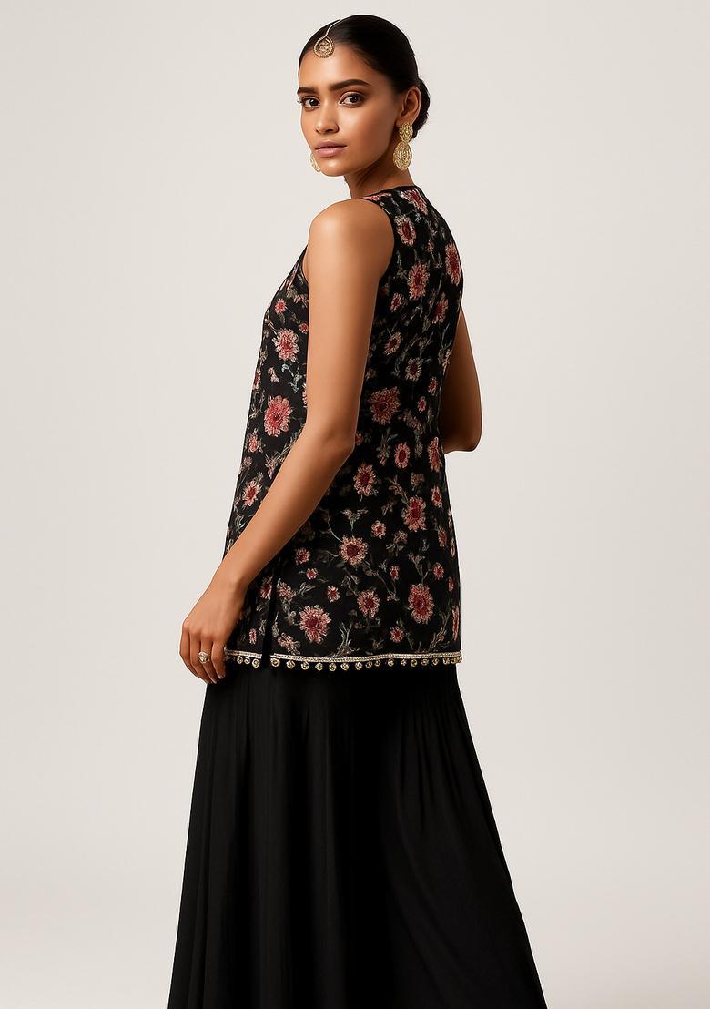 Black Embroidered Net Sharara Set - Indya