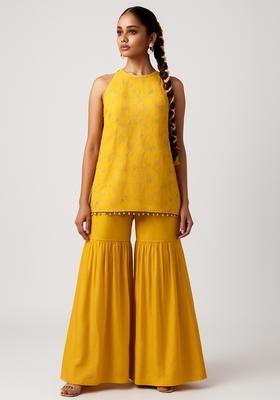 Yellow Embroidered Silk Blend Sharara Set