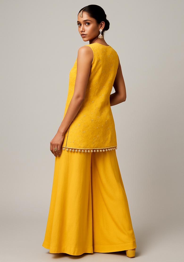 Yellow Embroidered Silk Blend Sharara Set - Indya