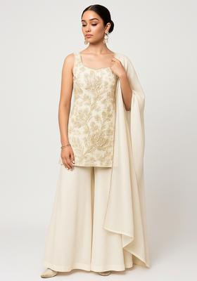 Beige Embroidered Tissue Sharara Set