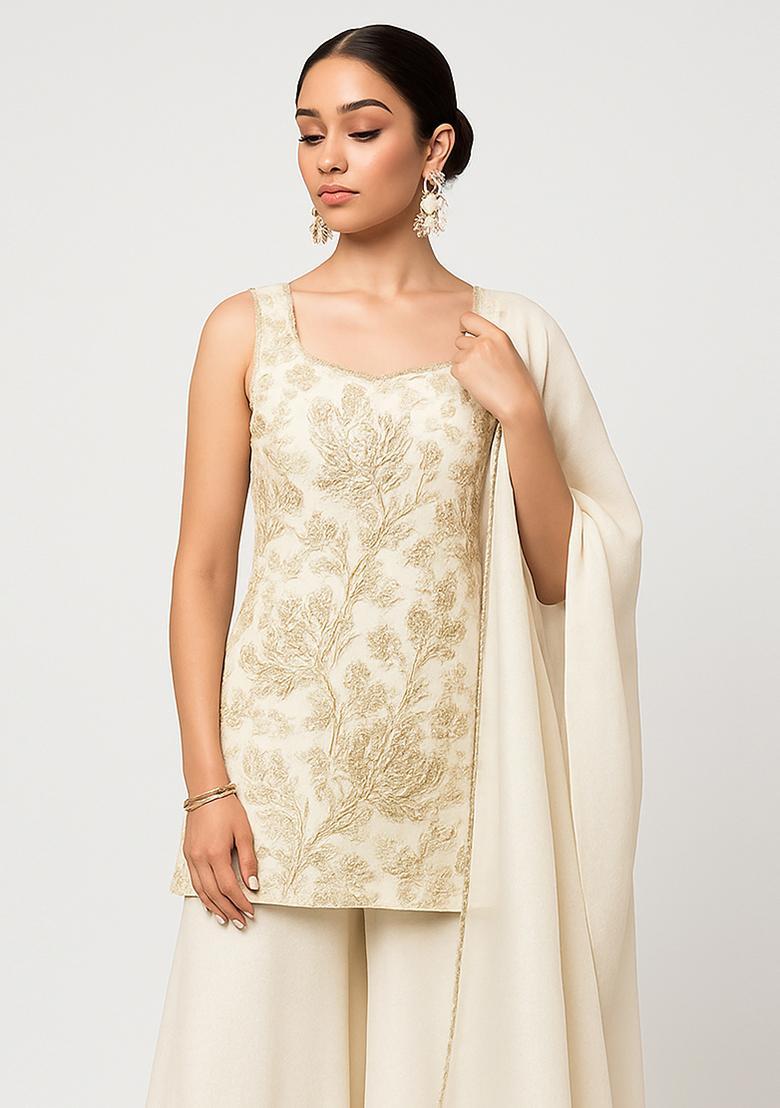 Beige Embroidered Tissue Sharara Set - Indya