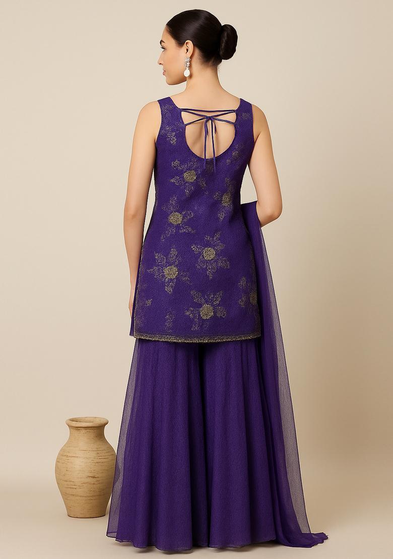 Purple Embroidered Tissue Sharara Set - Indya