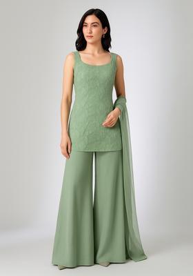 Sage Green Chikankari Net Straight Kurta Set