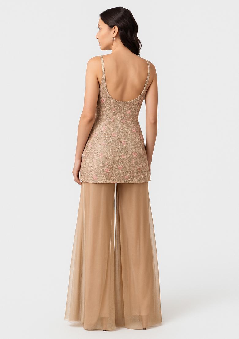 Peach Embroidered Net Sharara Set - Indya
