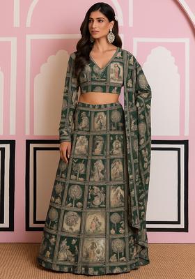 Green Printed Georgette Lehenga Set