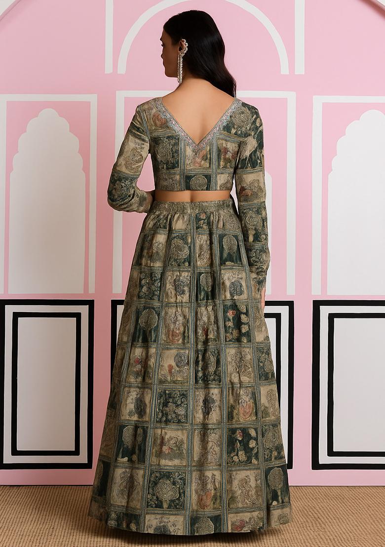 Green Printed Georgette Lehenga Set - Indya