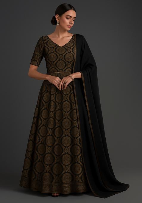 Black Brocade Lehenga Set