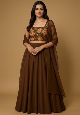 Brown Embroidered Blouse Tissue Lehenga Set