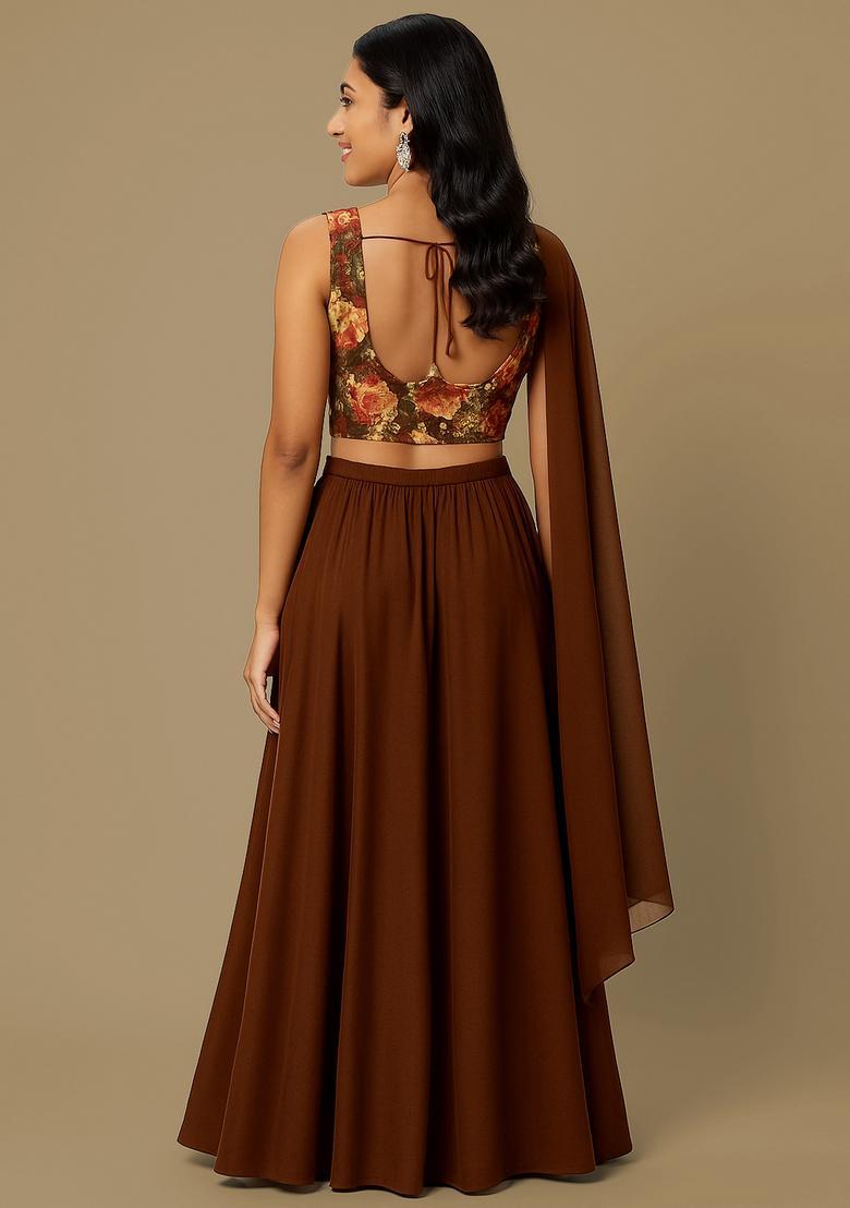 Brown Embroidered Blouse Tissue Lehenga Set - Indya