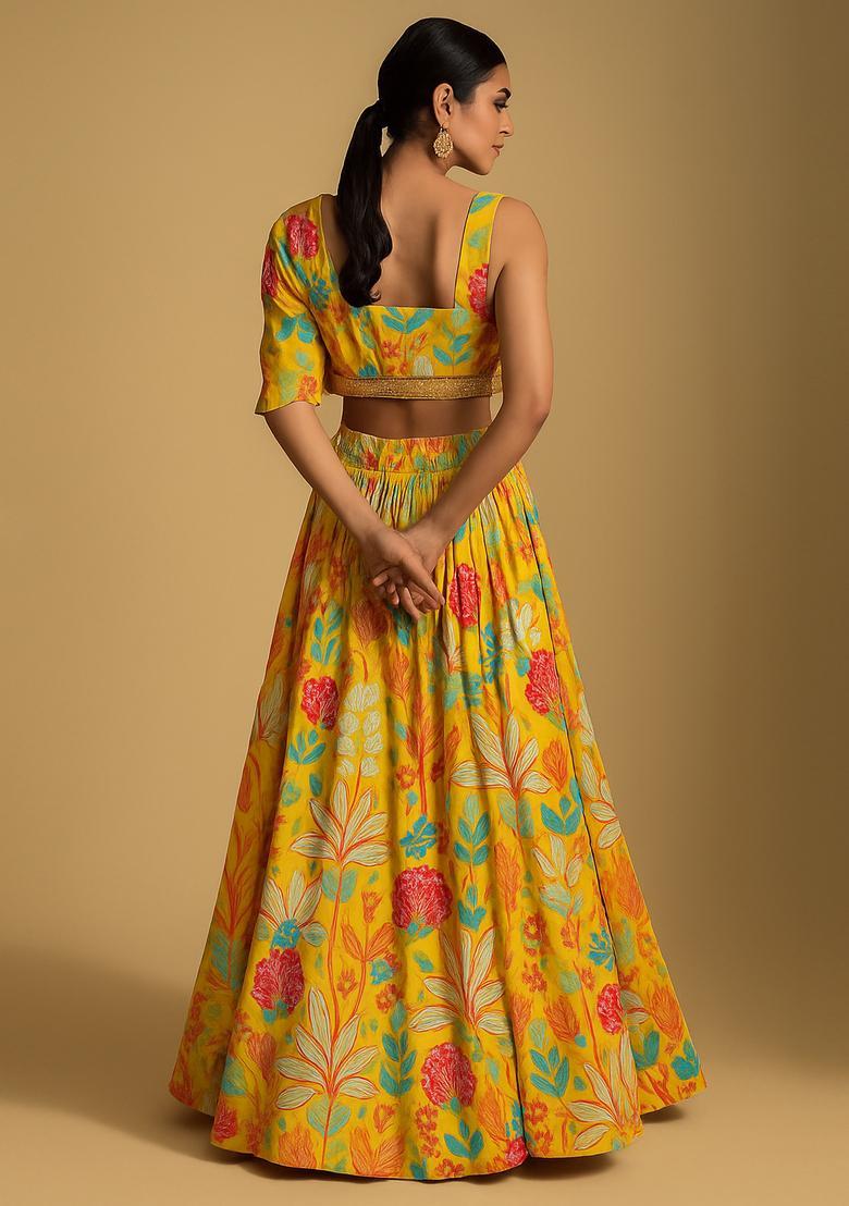 Yellow Printed Chiffon Lehenga Set - Indya