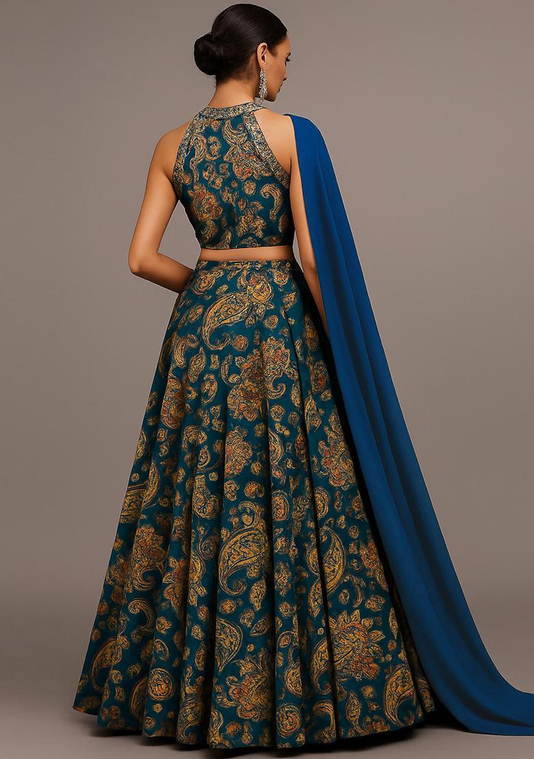 Blue Printed Satin Lehenga Set - Indya
