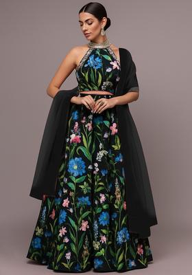 Black Printed Satin Lehenga Set