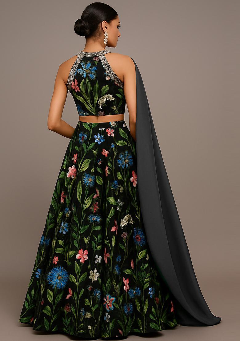 Black Printed Satin Lehenga Set - Indya