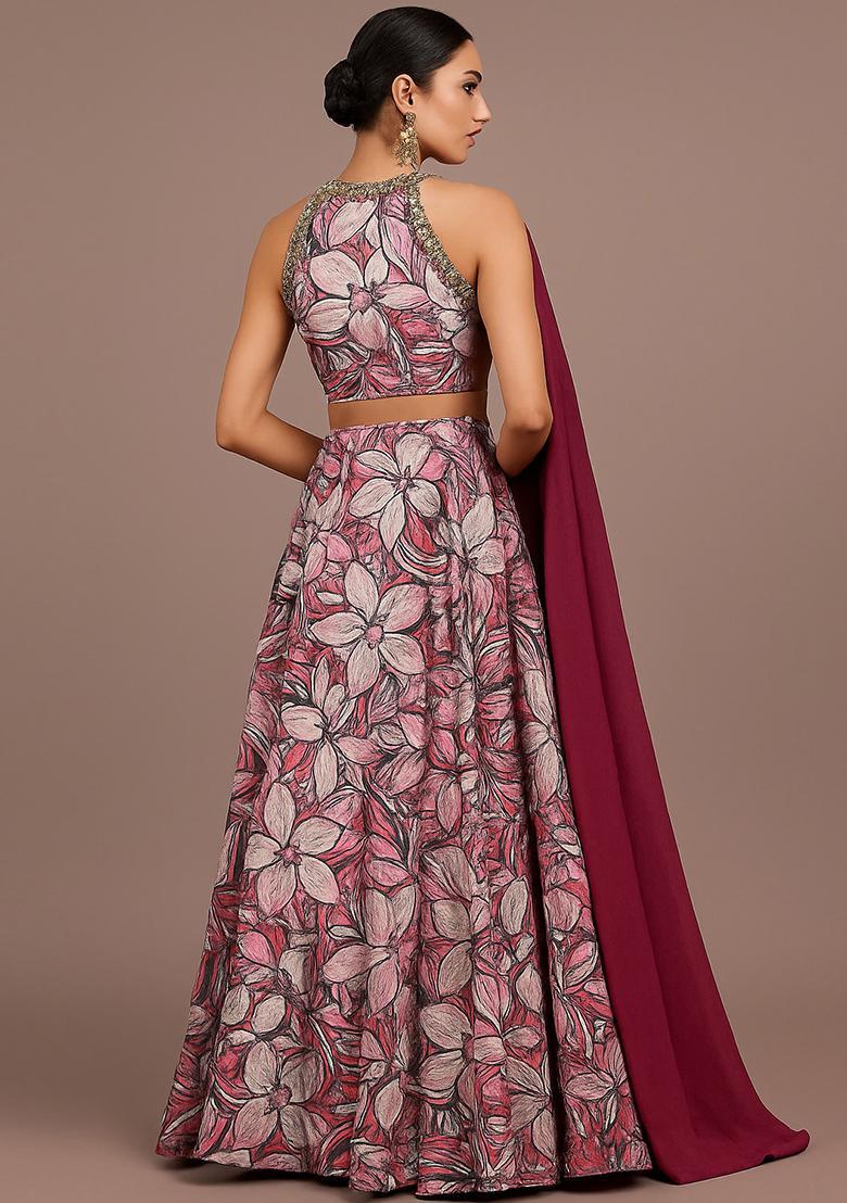 Pink Printed Satin Lehenga Set - Indya