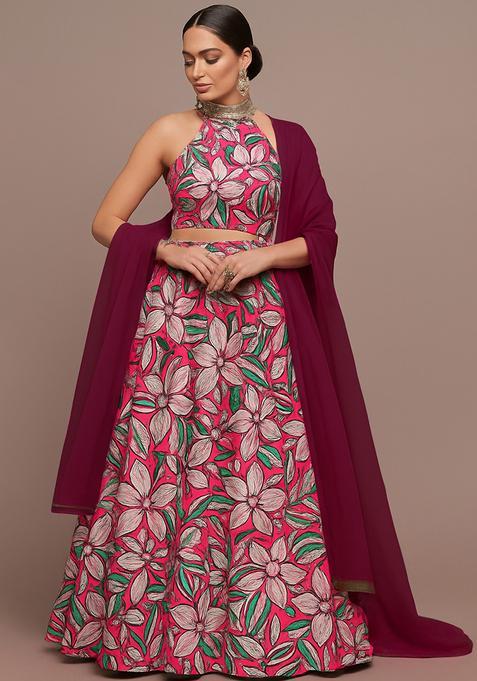 Pink Printed Satin Lehenga Set