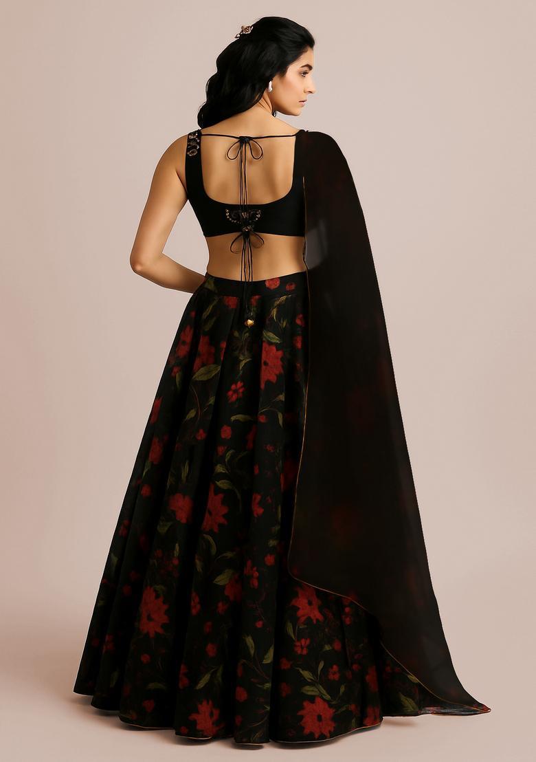 Black Printed Organza Lehenga Set - Indya