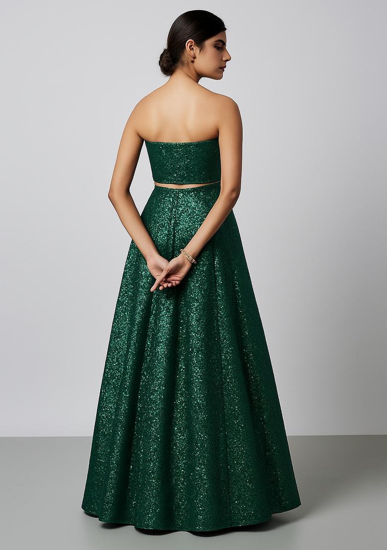 Green Sequin Net Lehenga Set - Indya