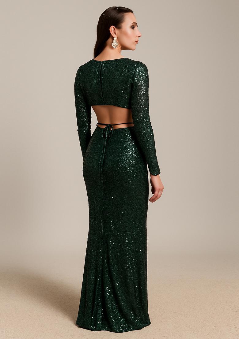 Bottle Green Sequin Net Fusion Set - Indya