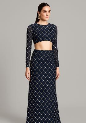 Navy Blue Embroidered Georgette Fusion Set