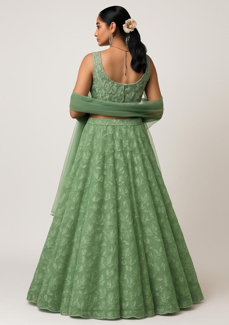 Sage Green Embroidered Net Lehenga Set - Indya