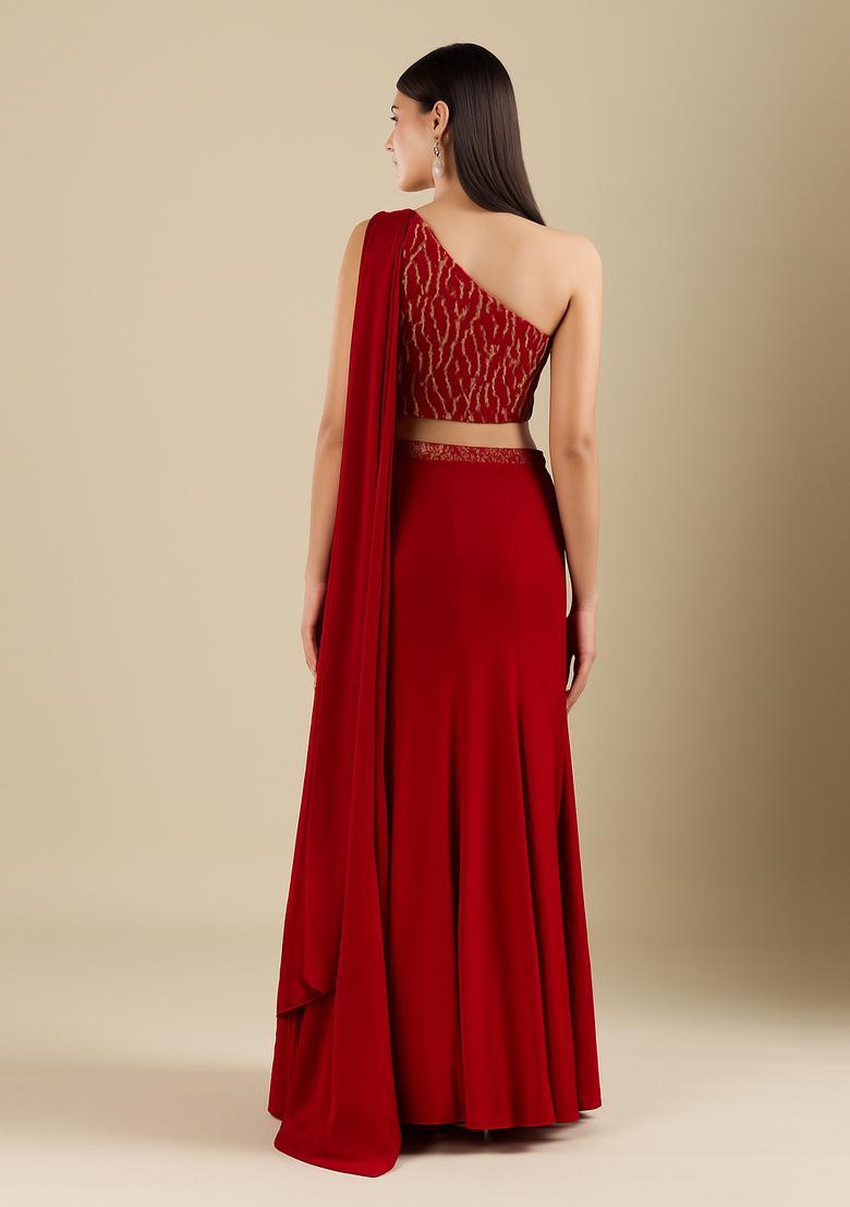 Red Embellished Blouse Georgette Lehenga Set - Indya