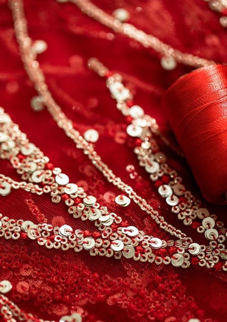 Red Embellished Blouse Georgette Lehenga Set - Indya