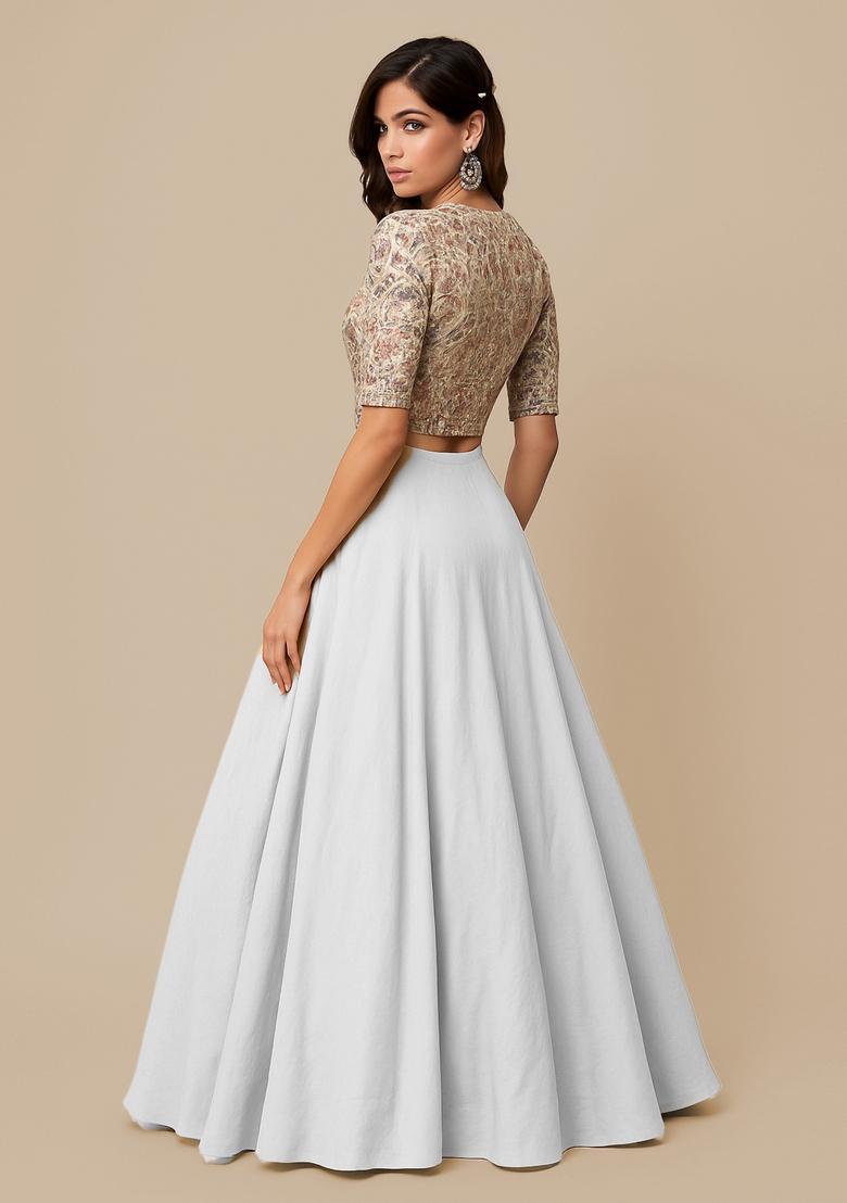 White Embroidered Blouse Georgette Lehenga Set - Indya