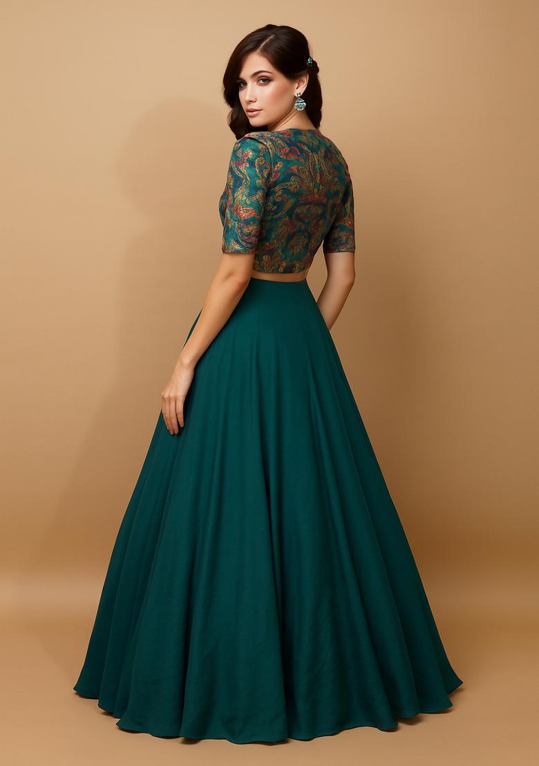 Rama Blue Embroidered Blouse Georgette Lehenga Set - Indya