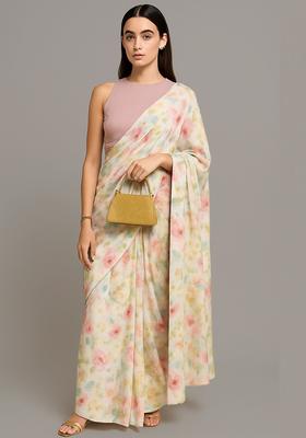 Multicolor Printed Satin Pre Draped Saree Set