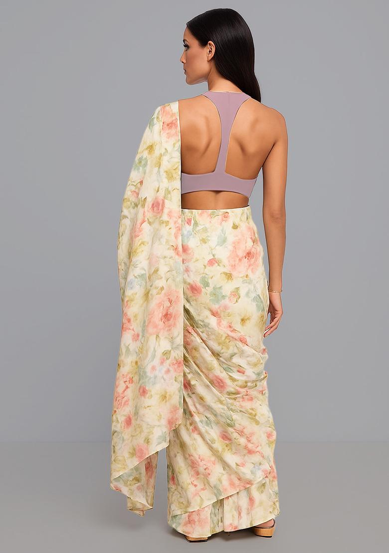 Multicolor Printed Satin Pre Draped Saree Set - Indya