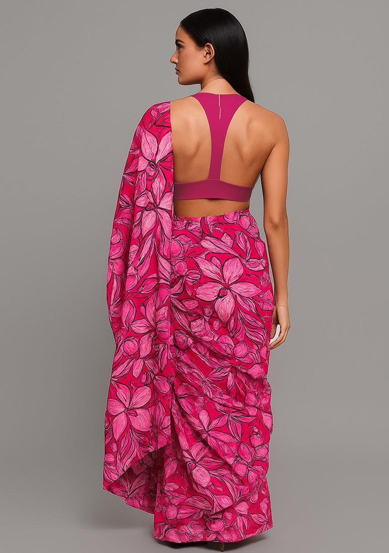 Pink Printed Satin Pre Draped Saree Set - Indya