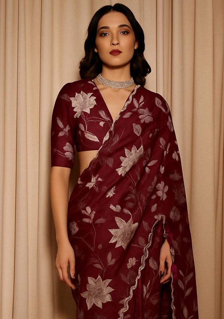 Red Printed Organza Pre Draped Saree Set - Indya